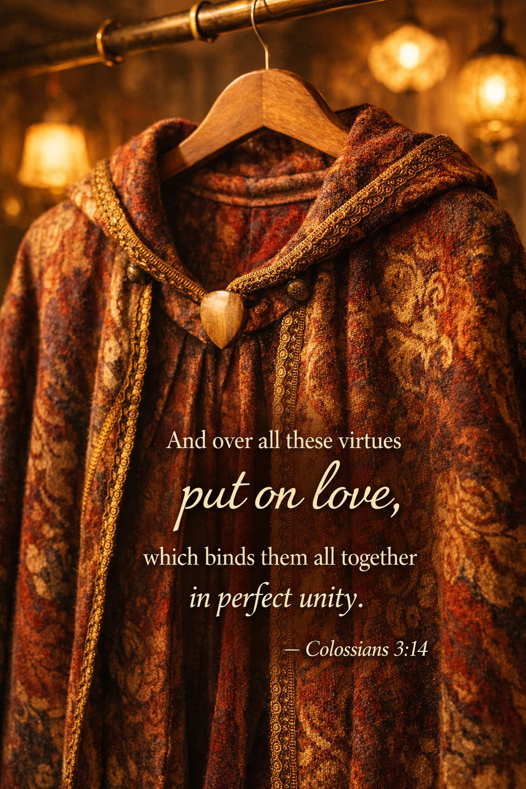 Colossians 3:14 vertical wallpaper with beautiful ornate garment on wooden hanger in warm shop light